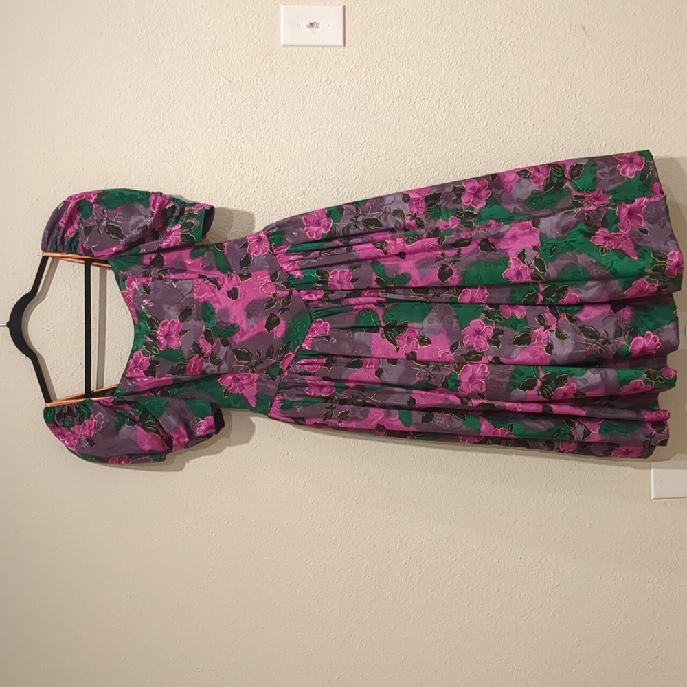 Vintage Silky Floral Drop Waist Dress With Bow On Back Size Small